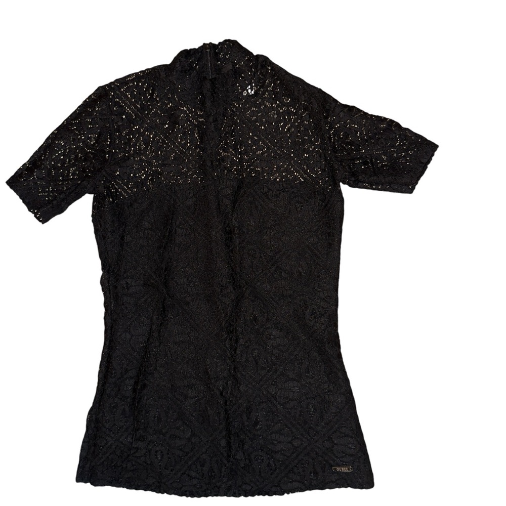Guess Black Lace Short Sleeve Blouse with zipper opening on the top back NWT